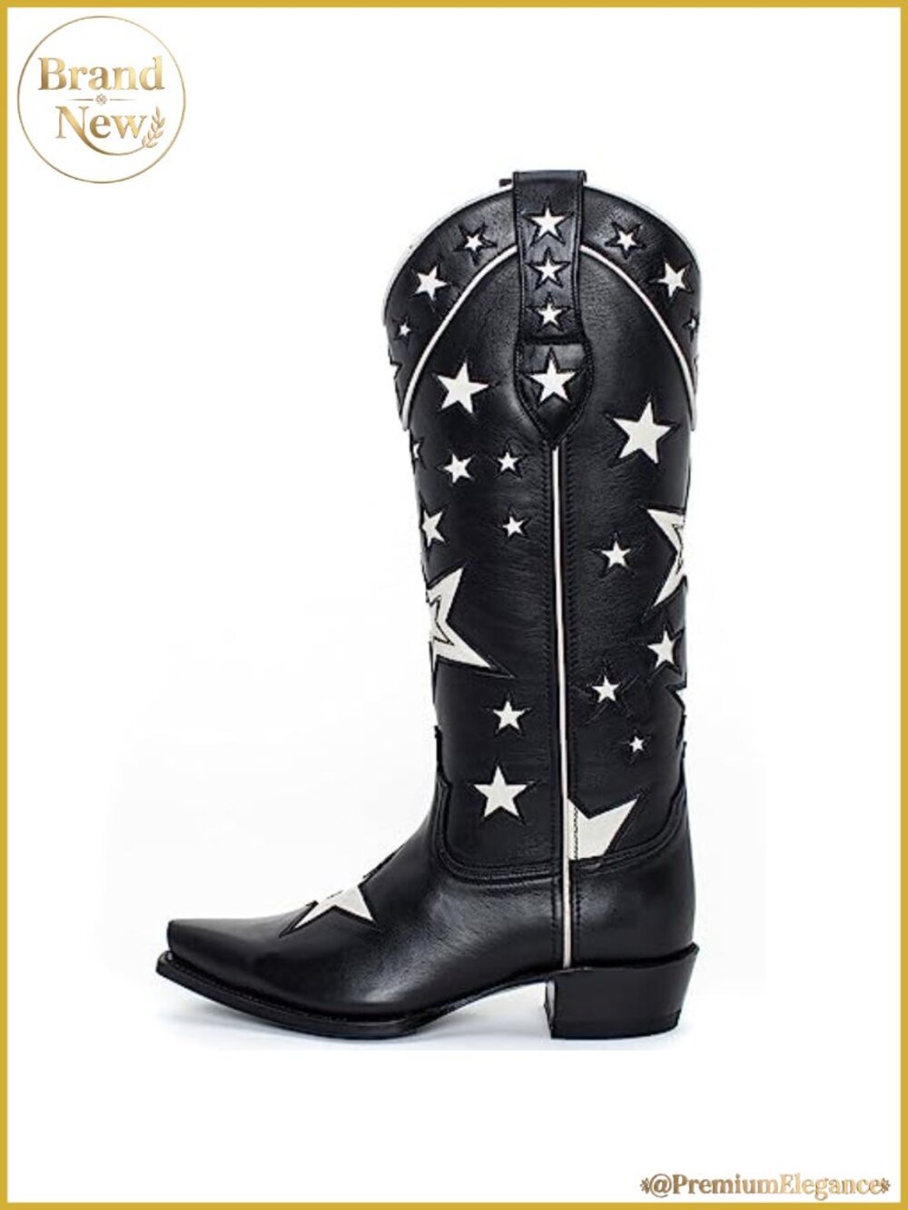 Women's Star Cowboy Boots Black White Pointed Toe Chunky Low Heel Pull-On Wide